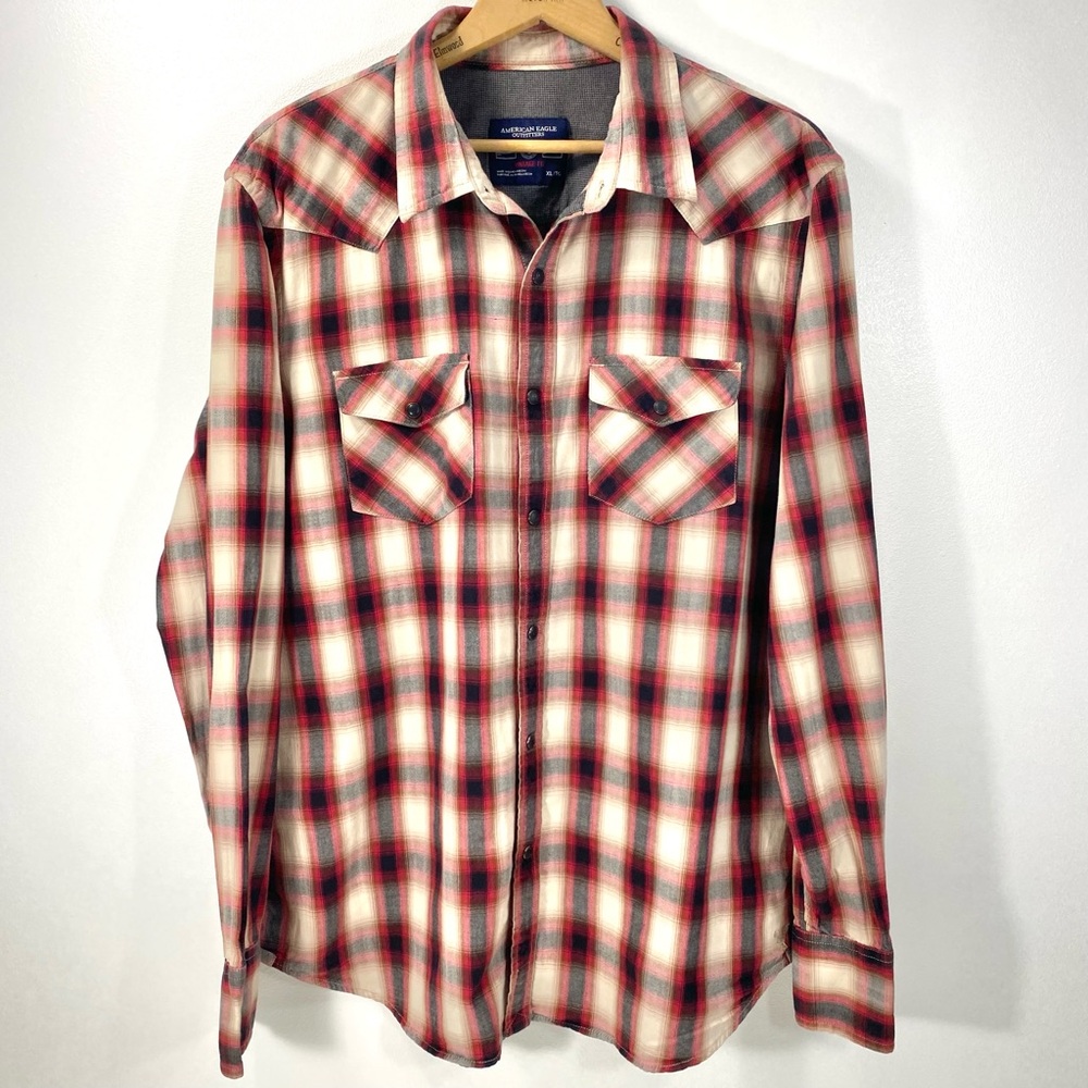 American Eagle Outfitters AEO Vintage Fit Red Plaid Western Pearl Snap Shirt XL